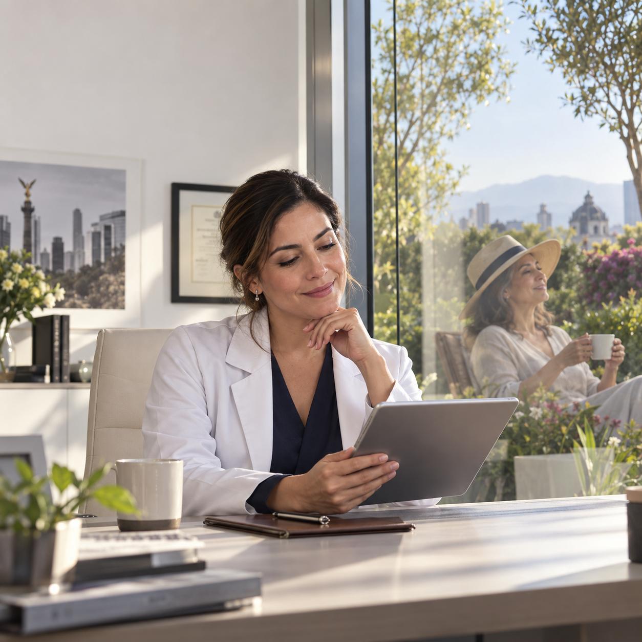 Médica reflexiona sobre su futuro financiero en un consultorio luminoso